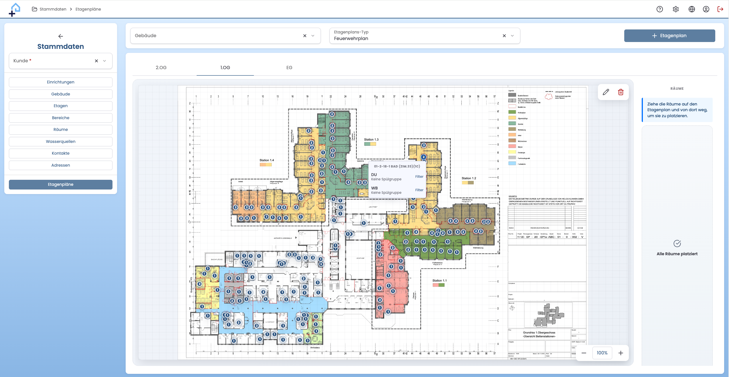 Prochorus Analytics Stammdatenansicht mit Entnahmestellen im Etagenplan